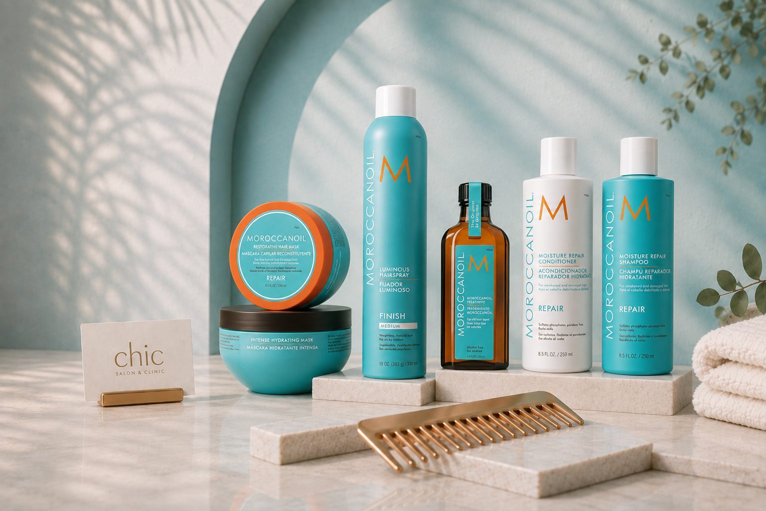 Illustrative still life of Moroccanoil haircare products arranged beside a Chic Salon & Clinic gift card.