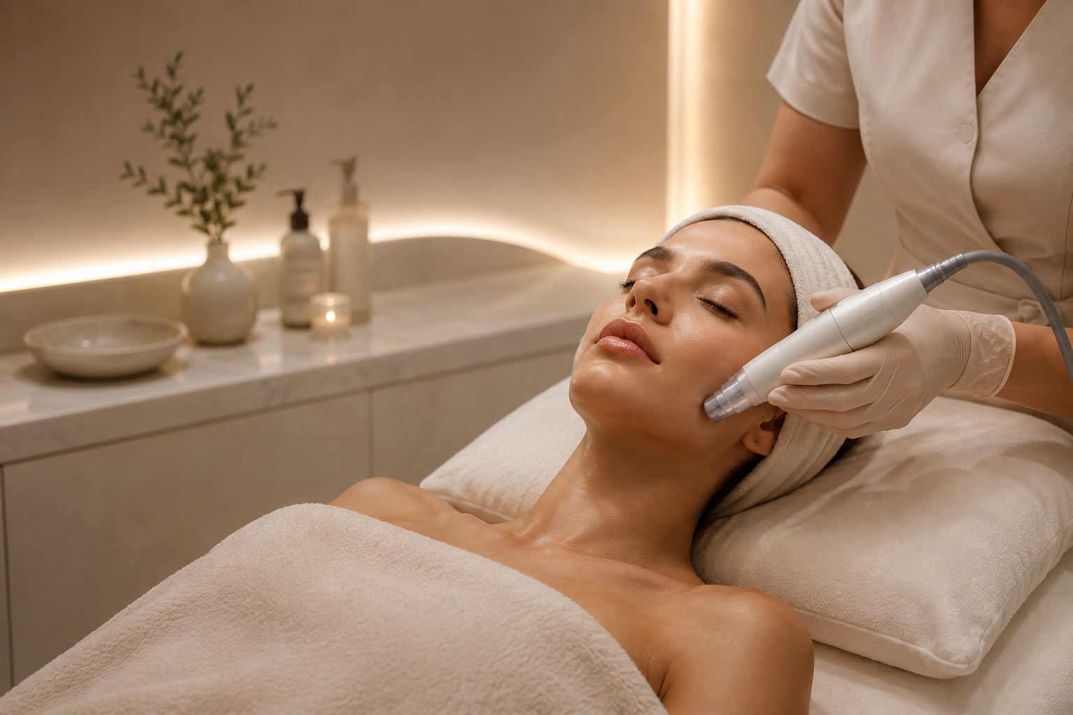 Advanced facial treatment being carried out in the clinic treatment room.