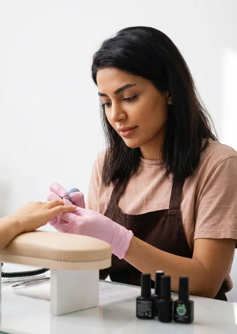 Makeup application at vanity